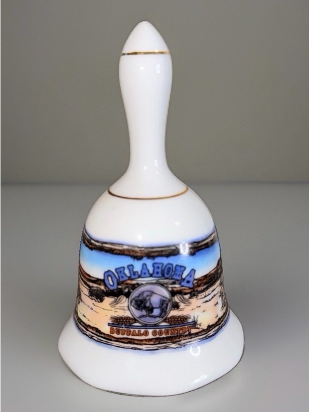 Vintage White Ceramic Oklahoma Souvenir State Bell Buffalo Country
